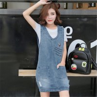 2016韩版时尚背带裙套装T恤 吊带牛仔连衣裙