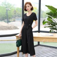 2016欧洲站夏修身短袖阔腿裤时尚套装九分连衣裤