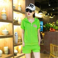 2016夏新款跑步卫衣连帽运动套装女短袖短裤休闲两件套女