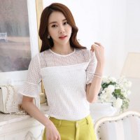 2016夏装短袖蕾丝拼接网布镂空绣花喇叭袖打底衫女