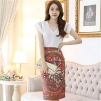 2016半身裙两件套欧根纱大码女神印花包臀套装连衣裙