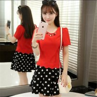 2016夏装气质淑女短袖上衣 清新圆点套装裙两件套裙