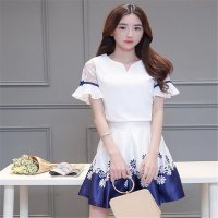 2016新款中长款百褶时尚两件套裙子显瘦韩版印花连衣裙女