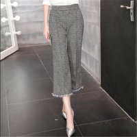 2016夏款针织棉麻时尚九分流苏花边修身显瘦阔腿裤女