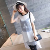 2016女装萌趣动物印花图案短袖圆领双层复古连衣裙