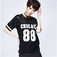 2016夏季新款大码女装宽松短袖拼接亮片女士上衣