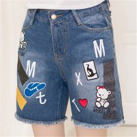 2016夏新款时尚个性印花牛仔短裤韩版宽松毛边热裤