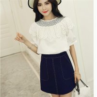 2016夏装出街款性感一字肩镂空荷叶边衬衫 A字半裙套装女