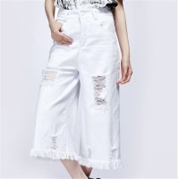 2016女裤夏季新款休闲七分裤破洞毛边白牛仔七分阔腿裤