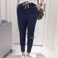 2016女装新款韩版宽松休闲系带九分裤破洞收脚牛仔裤