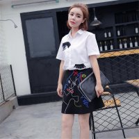 2016夏季流苏睫毛眼睛短袖衬衣 抽象人脸刺绣半裙时尚套装女