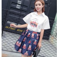 2016夏季翻领短袖衬衫 童趣卡通印花蓬蓬半裙套装女