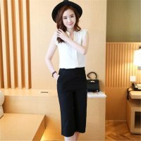 2016韩国透气短袖V领雪纺衫7分阔腿裤套装