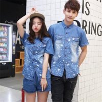 2016夏款牛仔短袖衬衫口袋星星休闲情侣装五角星开衫T恤