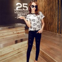 2016新款韩版学院风逼真卡通猫咪图案舒适短袖T恤女