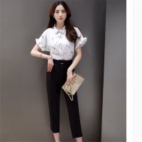 2016韩版翻脸俏皮印花木耳雪纺衬衫 哈伦裤两件套