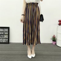 2016夏时尚个性女装休闲裤 彩条百褶荷叶边大摆裙裤女