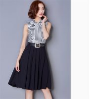 2016女装夏装新款条纹拼接雪纺中长款修身连衣裙