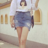 2016设计款不规则磨破毛边牛仔短裙热裙