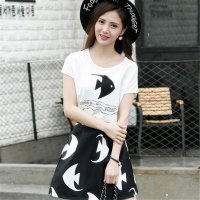 2016韩版气质小鱼图案连衣裙两件套时尚套装