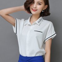 2016夏季新款女装短袖上衣修身字母绣花雪纺衬衫