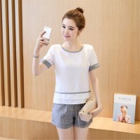 2016夏新款韩版宽松显瘦拼接T恤时尚阔腿短裤棉麻套装女