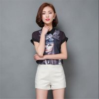 2016新款韩版百搭魅惑美女印花衬衣短袖宽松显瘦