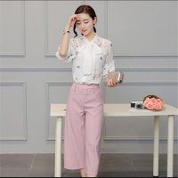 2016韩版印花雪纺上衣七分阔腿裤时尚两件套