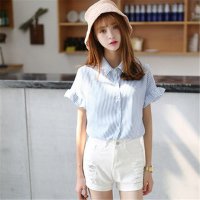 2016夏款清新海军风条纹荷叶边短袖衬衣衬衫