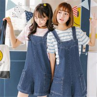2016夏款牛仔阔腿背带裤韩版连体短裤吊带热裤