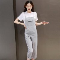 2016新款韩版时尚休闲清爽T+条纹背带裤两件套
