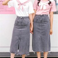 2016闺蜜装前开叉半身高腰牛仔裙中长款宽松A字裙子