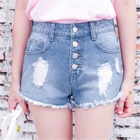 2016闺蜜装高腰排扣牛仔短裤浅色学院风破洞流苏热裤