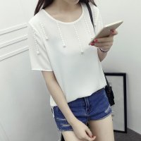 2016夏季新款韩版宽松圆领短袖珍珠雪纺衫百搭显瘦女