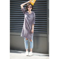 2016夏季韩版前后破洞开叉打底长T百搭休闲打底长连衣裙T恤