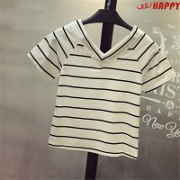 2016短袖女装新款海军风V领条纹T恤女