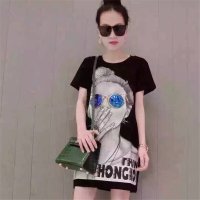 2016眼镜亮片印花女孩宽松中长款开叉T恤短袖女