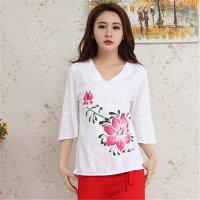 2016复古中国风棉麻印花上衣手绘民族风五分袖