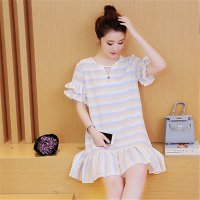 2016夏季新款女装韩版棉麻百褶中长款条纹连衣裙
