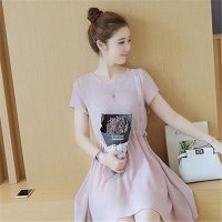 2016夏季新款女装韩版系带收腰短袖雪纺百褶连衣裙