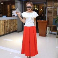2016女装新款时尚一字领露肩上衣 大摆阔腿裙裤套装