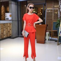 2016收腰带短袖上衣九分裤气质休闲时尚套装