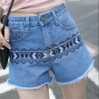 2016胖mm大码高腰时尚锈花毛须宽松韩国百搭牛仔短
