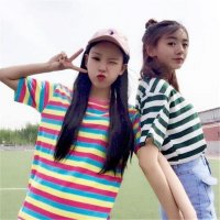 2016可爱彩色条复古绿条纹宽松情侣闺蜜个性圆领短T恤