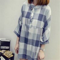 2016大码宽松中长款纯棉格子衬衣