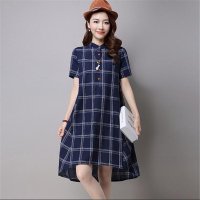 2016文艺宽松格子A字版短袖棉麻显瘦女连衣裙