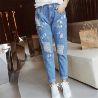 2016夏季胖mm破洞泼油漆彩色宽松大码牛仔九分裤女