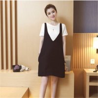 2016胖妹妹两件套A字裙黑白撞色显瘦孕妇连衣裙