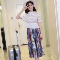 2016夏季女装新款镂空短袖针织衫 百折雪纺裤套装