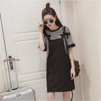 2016夏季新款拼接撞色横条T恤 吊带裙两件套连衣裙